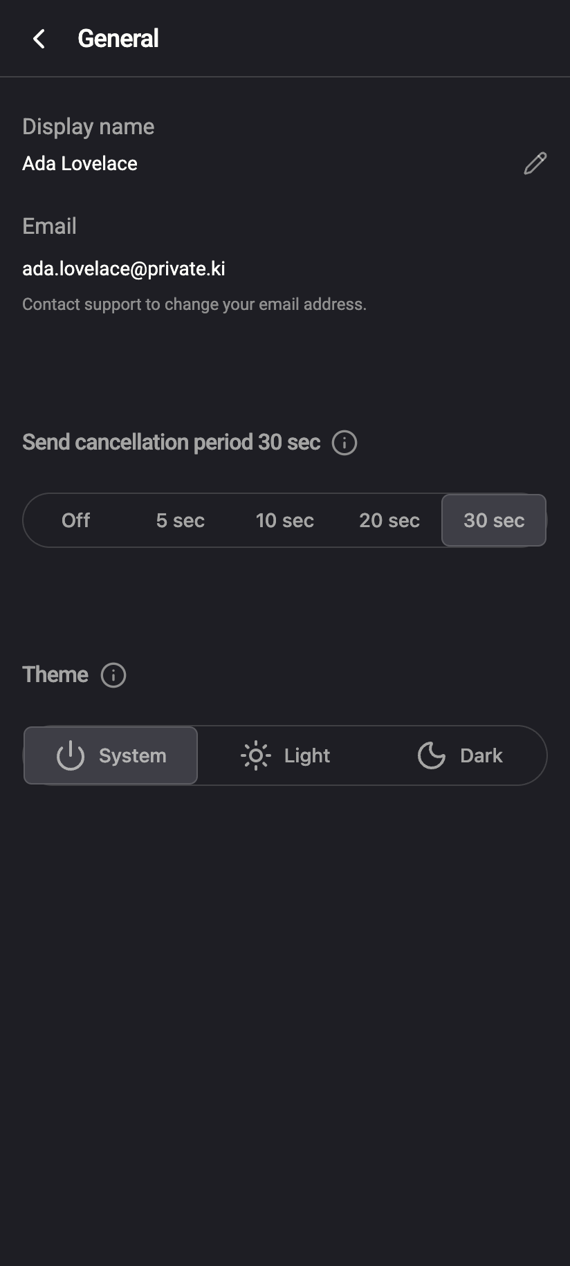 Settings › General holds the Send cancellation period.