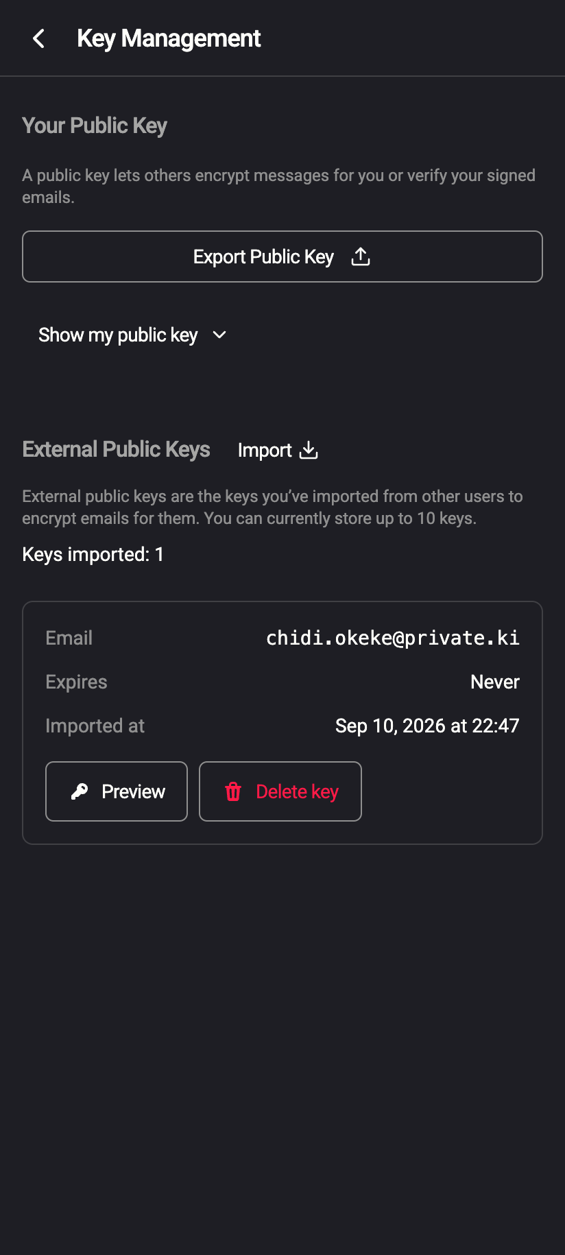 Key Management: Import sits next to the External Public Keys heading.