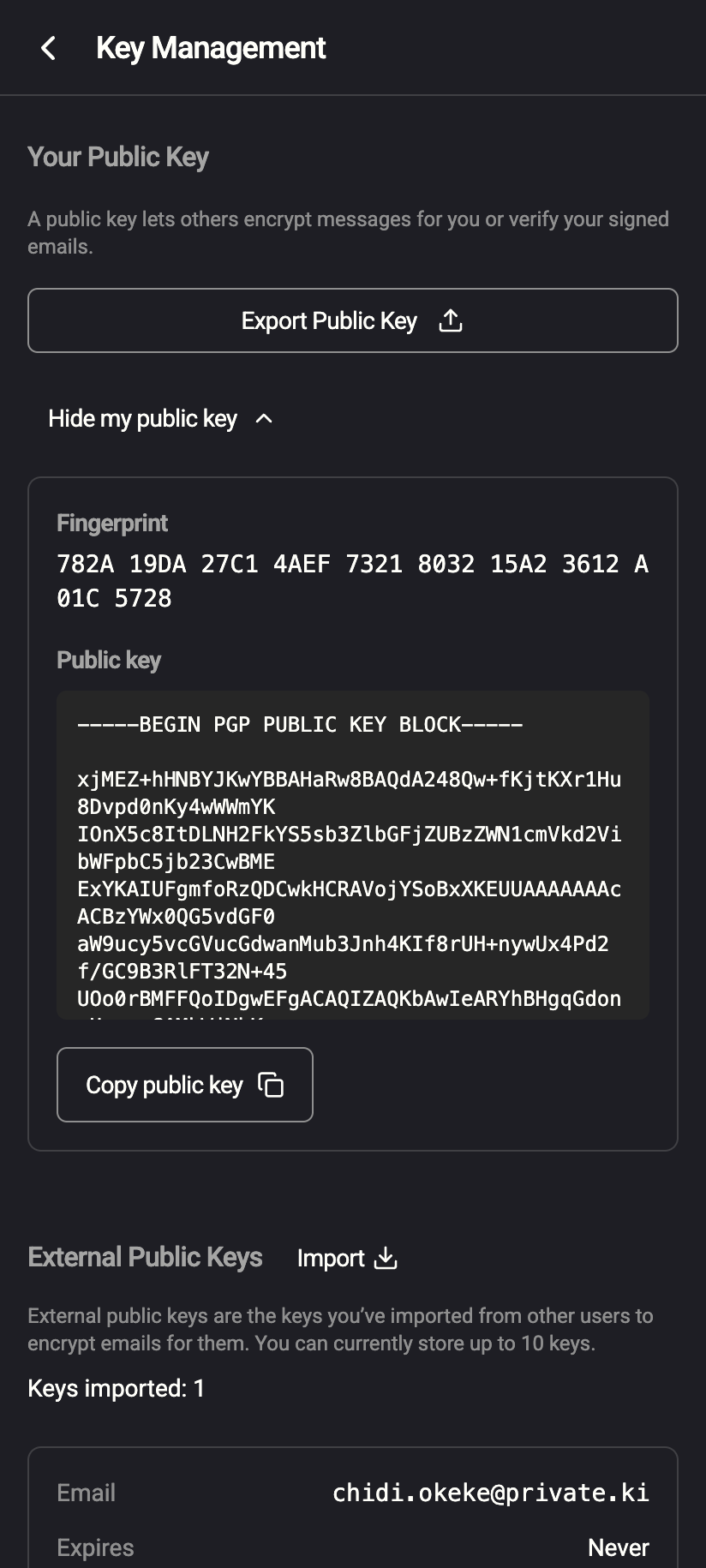 On the phone: Show my public key reveals the fingerprint, the armored key and a Copy public key button.