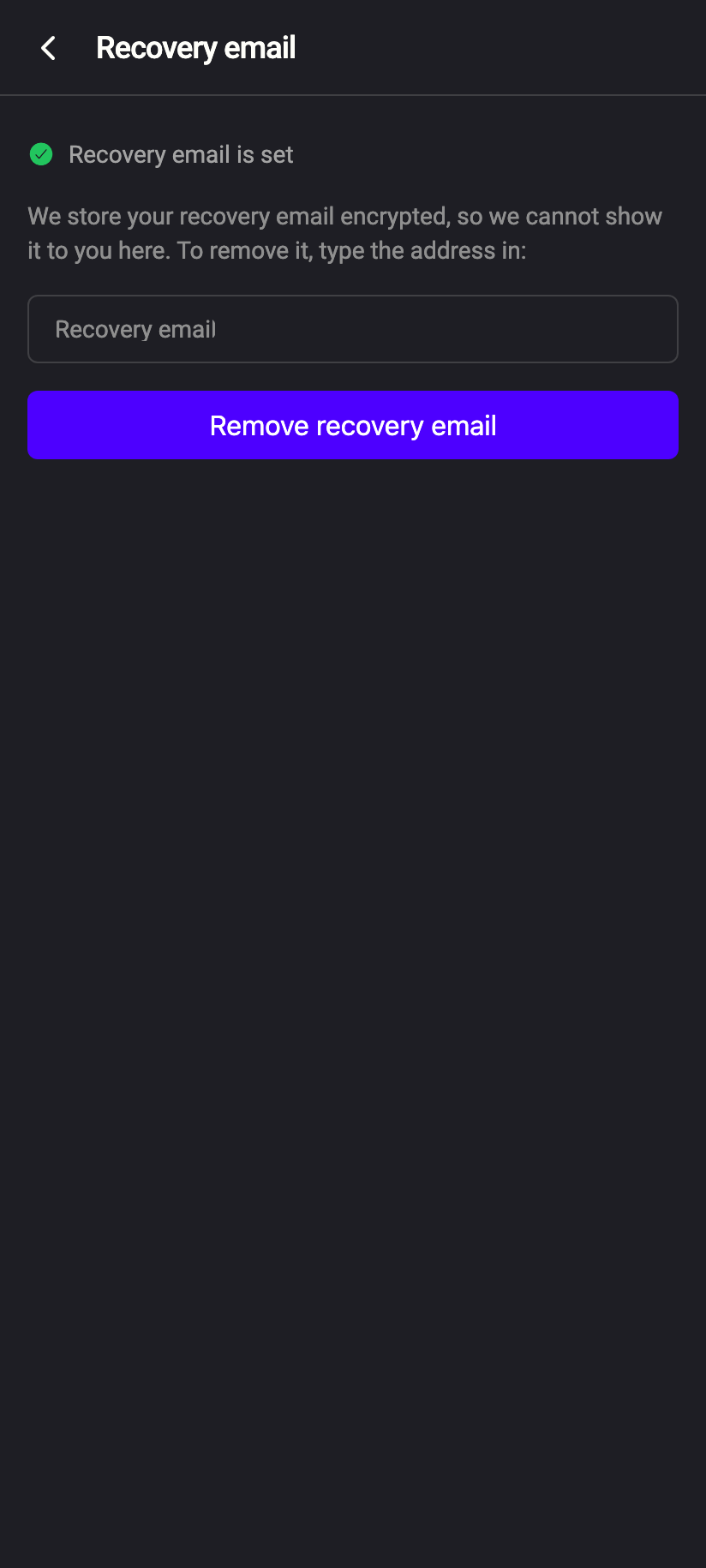 Done: 'Recovery email is set', and the form now offers removal.