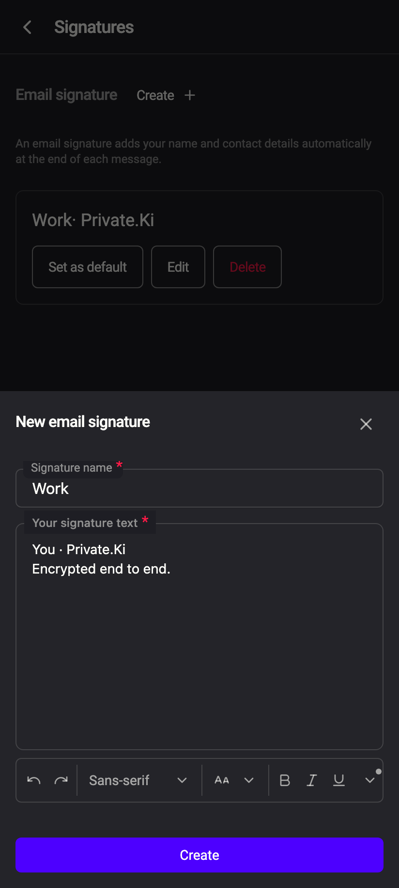 The New email signature dialog: a name, the rich-text signature, and Create.