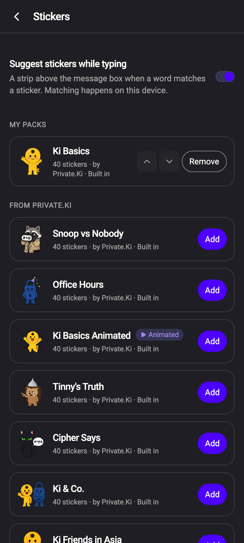 Settings › Stickers: which packs are in your tray, and whether suggestions appear while you type.