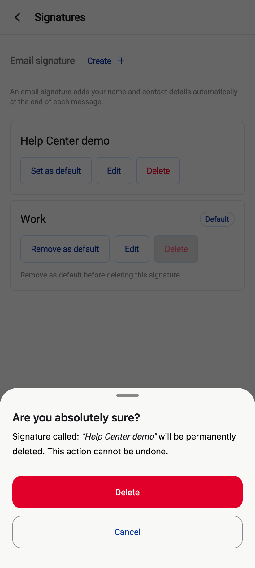 Deleting asks for confirmation and cannot be undone.