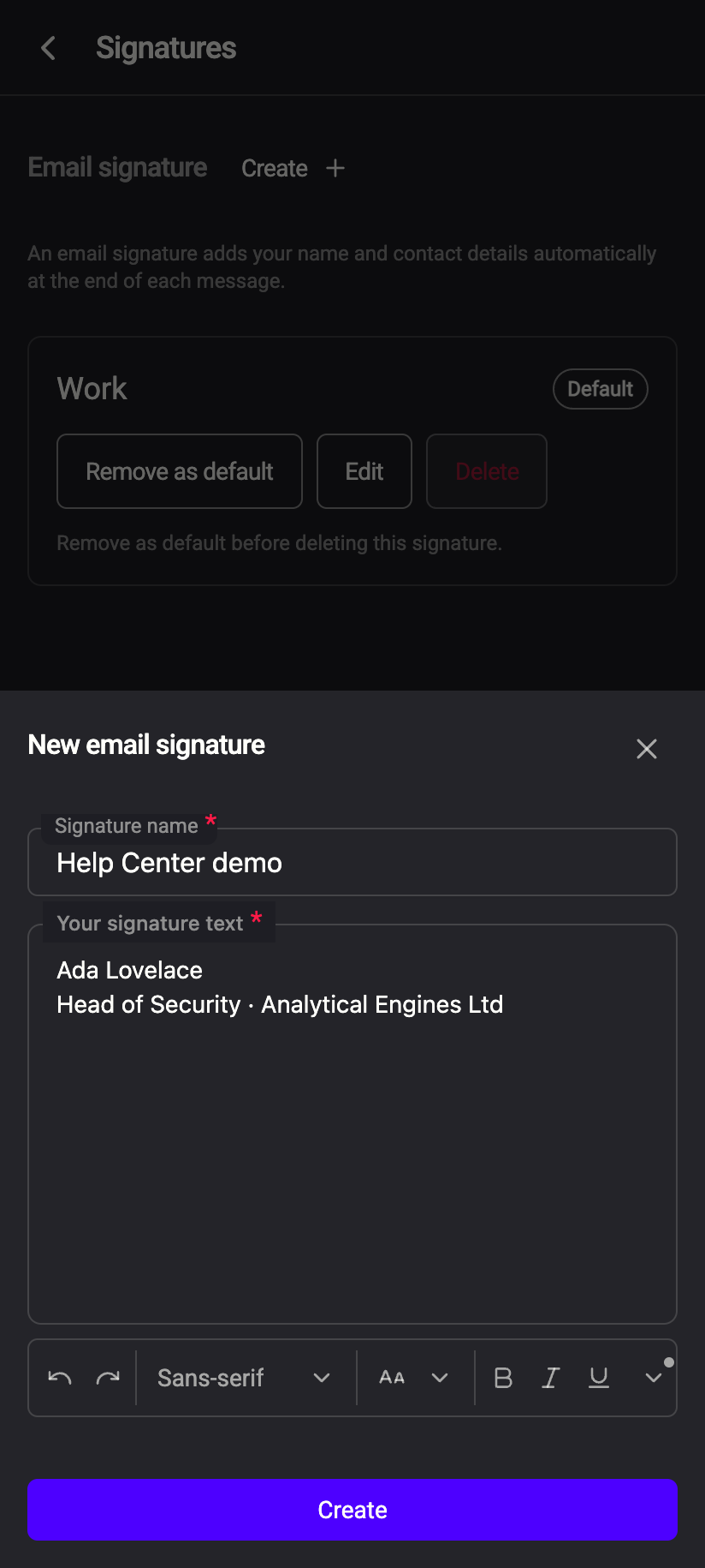 The New email signature dialog: a name, the rich-text signature, and Create.