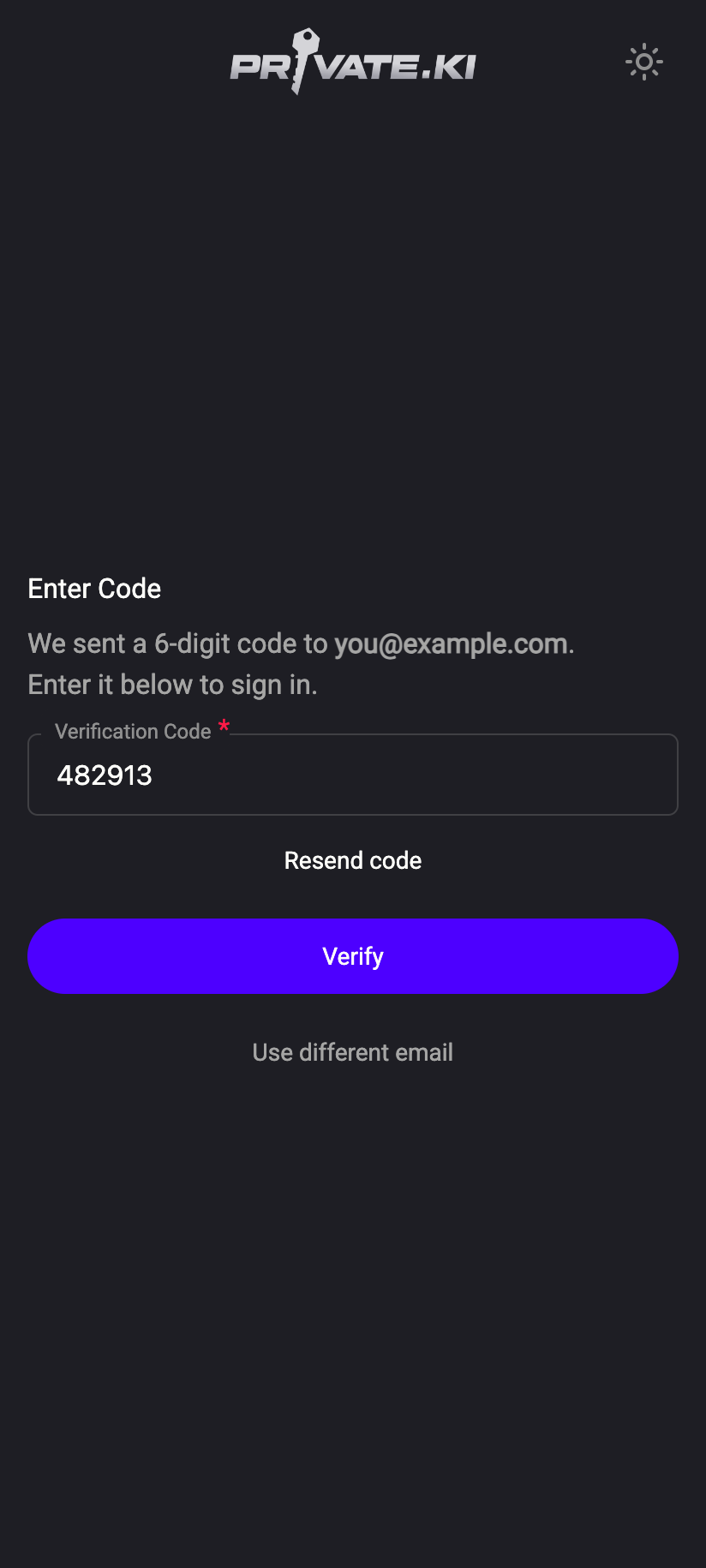 Enter Code: six digits, valid for five minutes, with Resend code underneath.