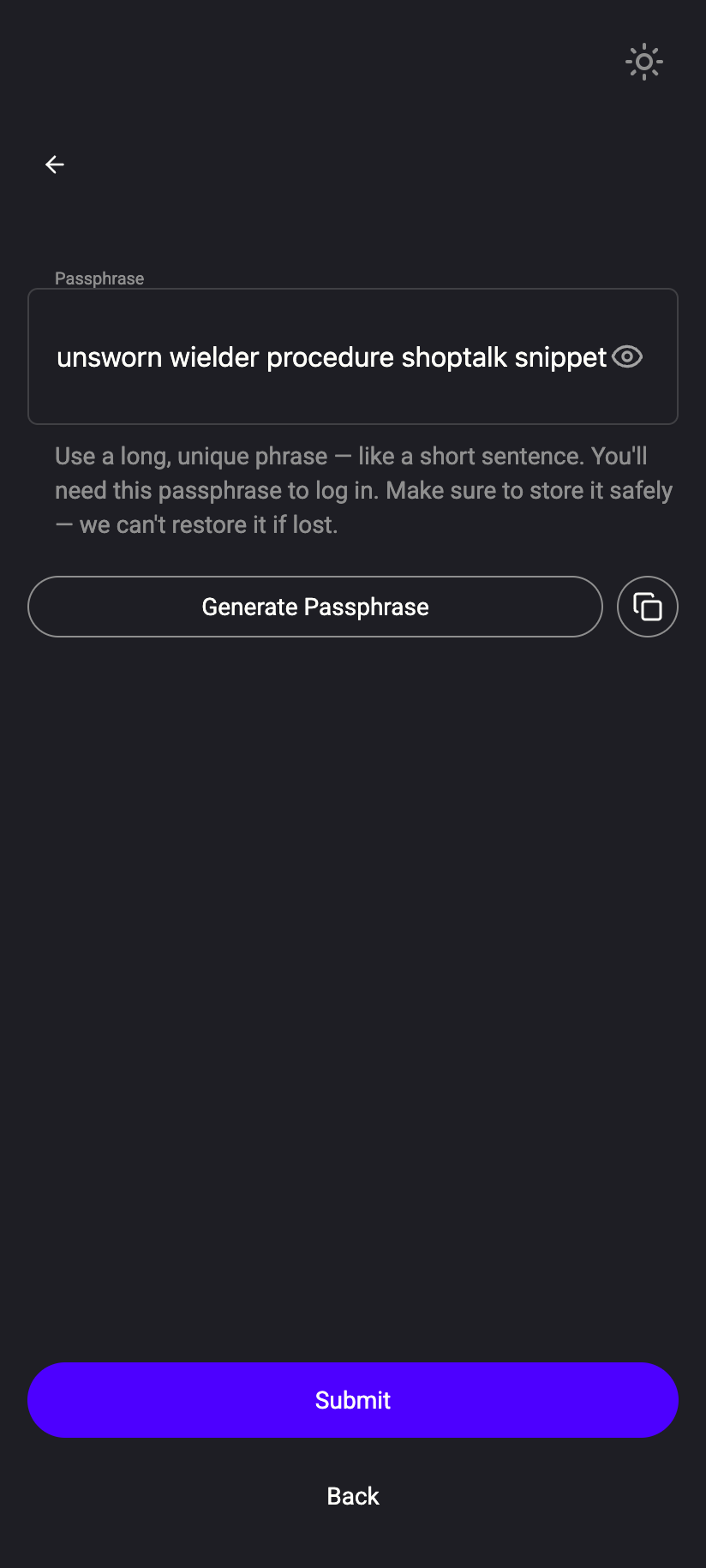 The passphrase screen after Generate Passphrase — six random words; the eye hides or shows them.