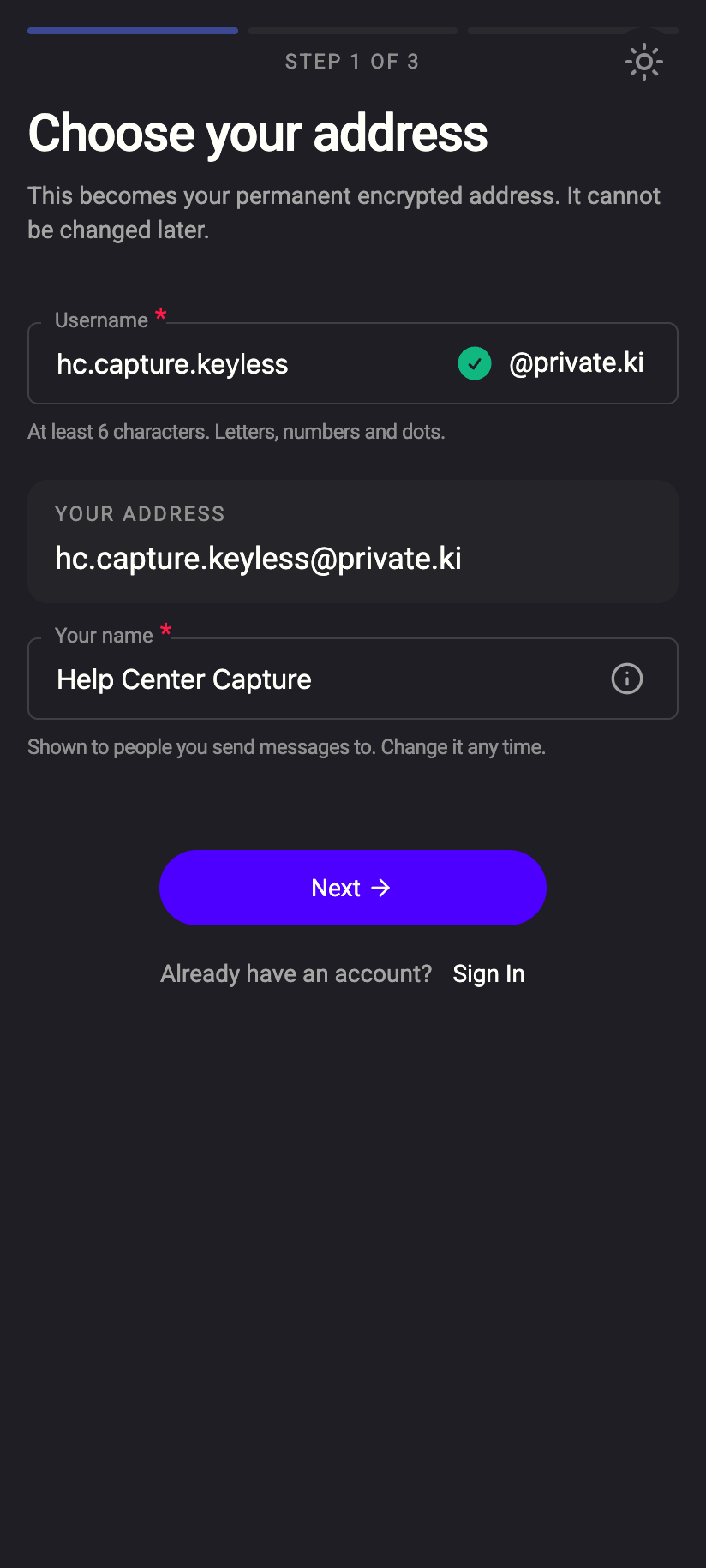 A green tick next to the username means it is free; the phone also shows the full address underneath.