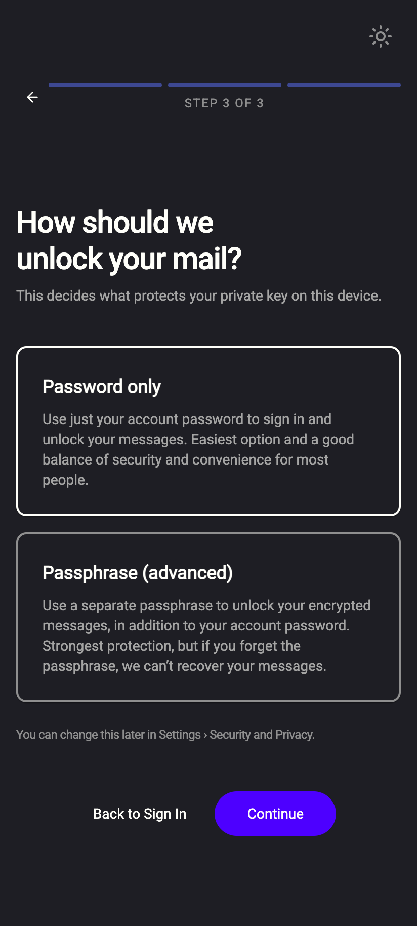 Password only is selected by default; Passphrase (advanced) is the stricter choice.