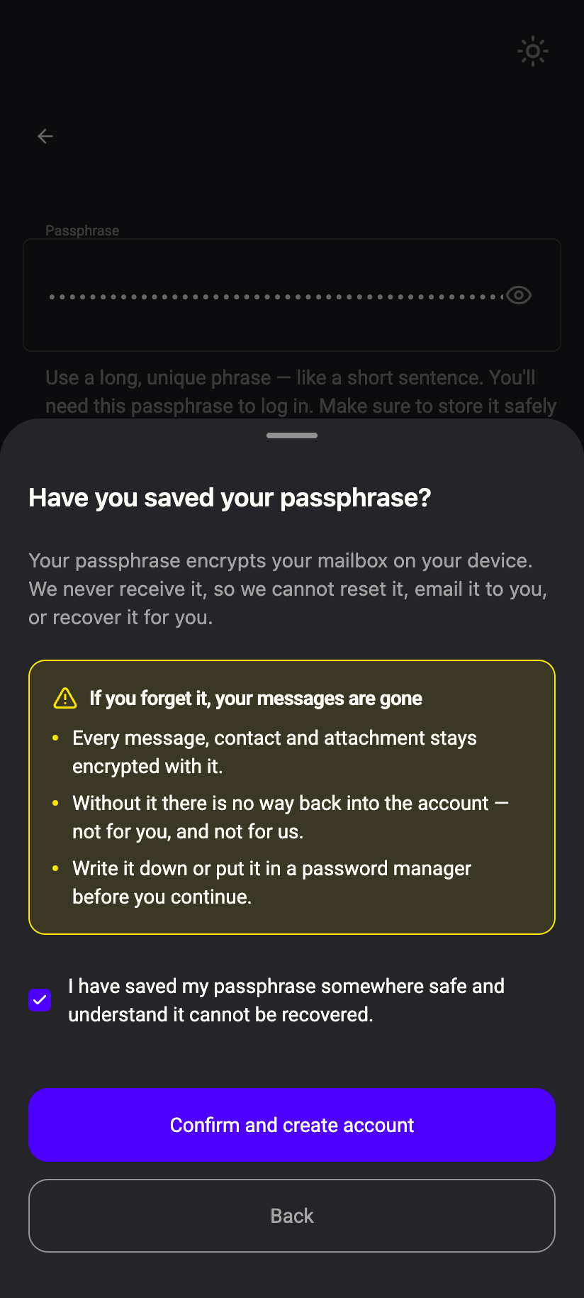 The last stop: confirm you have saved the passphrase before the keys are created.
