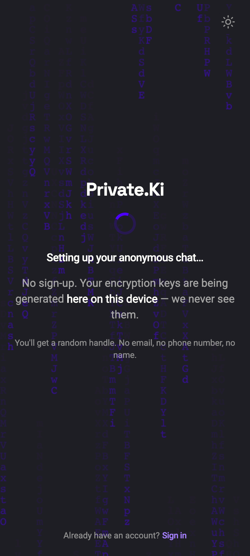 Opening /start: the keys are generated on the device while the screen explains what you are about to get.