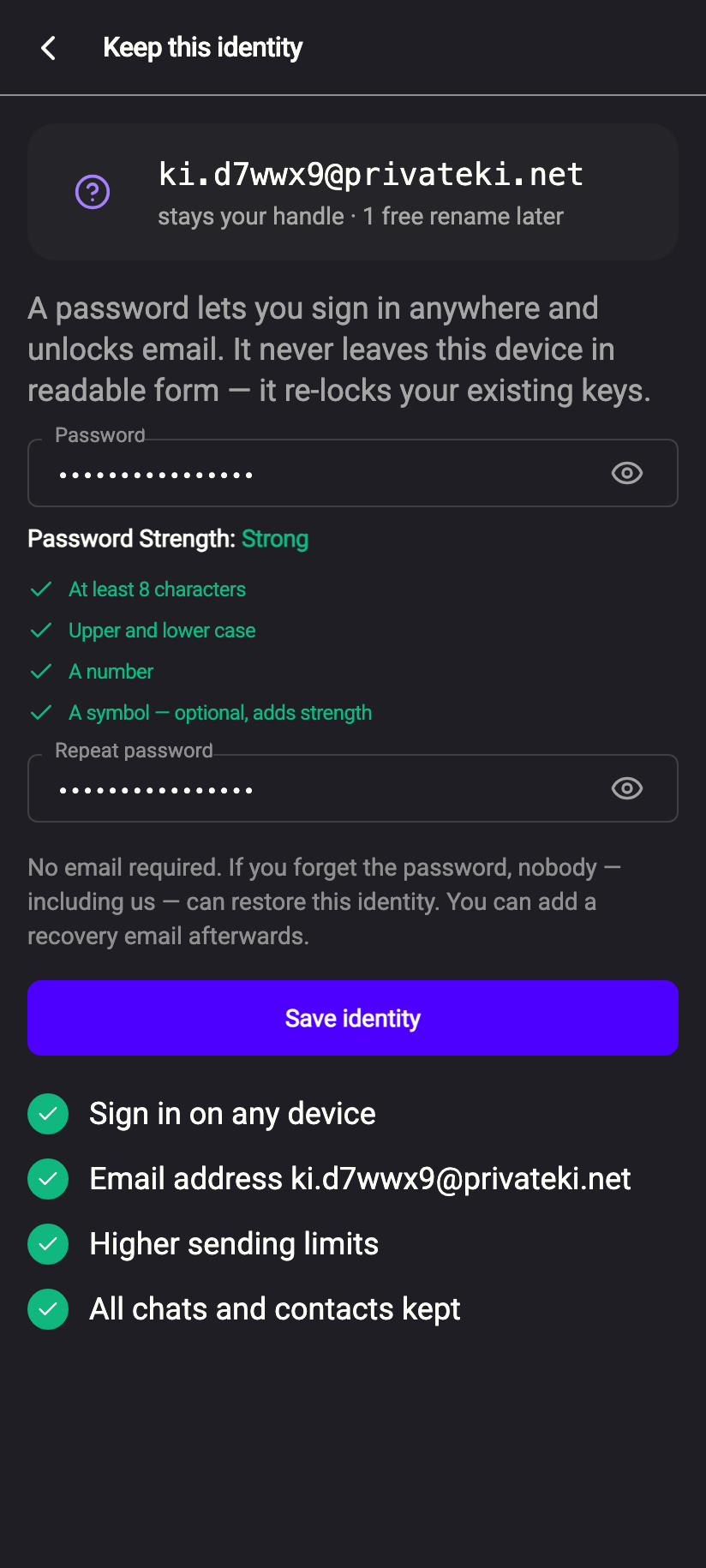 Keep this identity: what saving gives you, the two password fields, and Save identity.