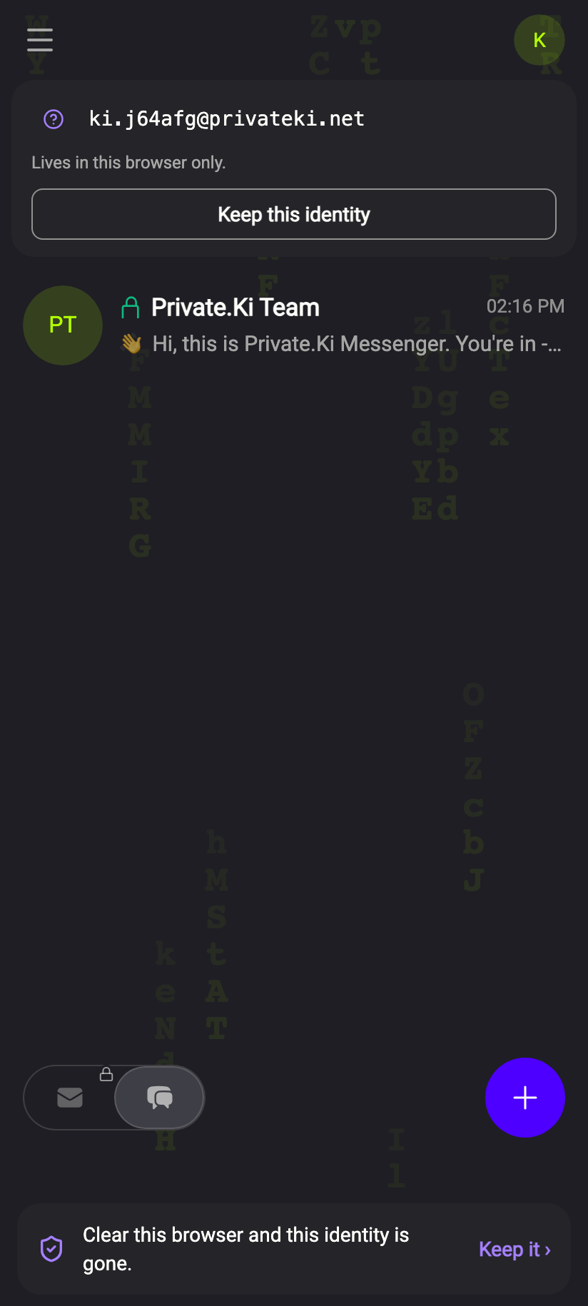 The two reminders: the banner under the chat list, and the pill after the first message.