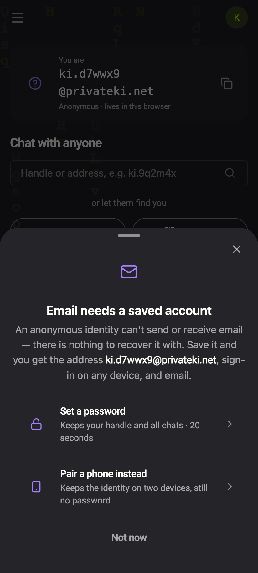 Touching email as an anonymous identity: the panel names the lock and the two ways out.