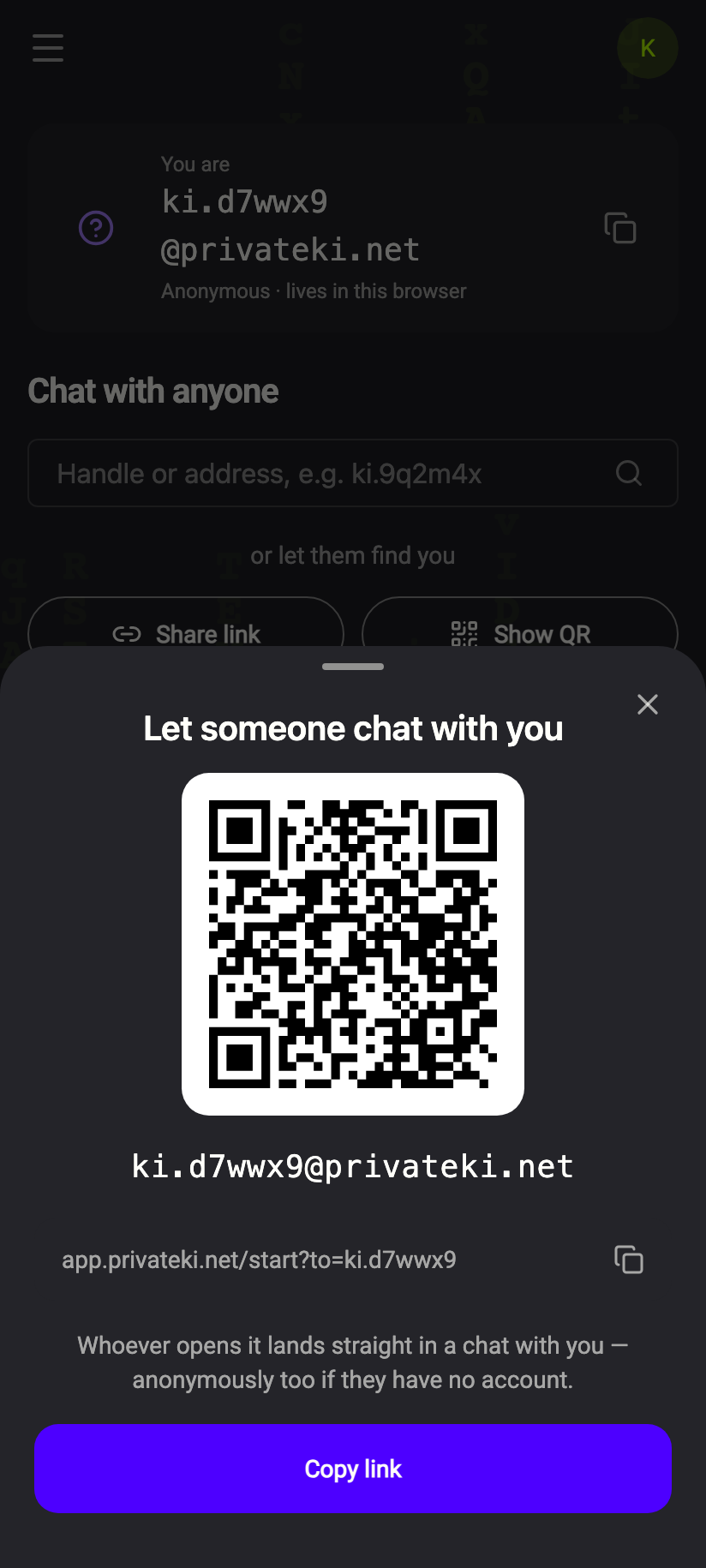 “Let someone chat with you”: your own link, its QR code, and Share.