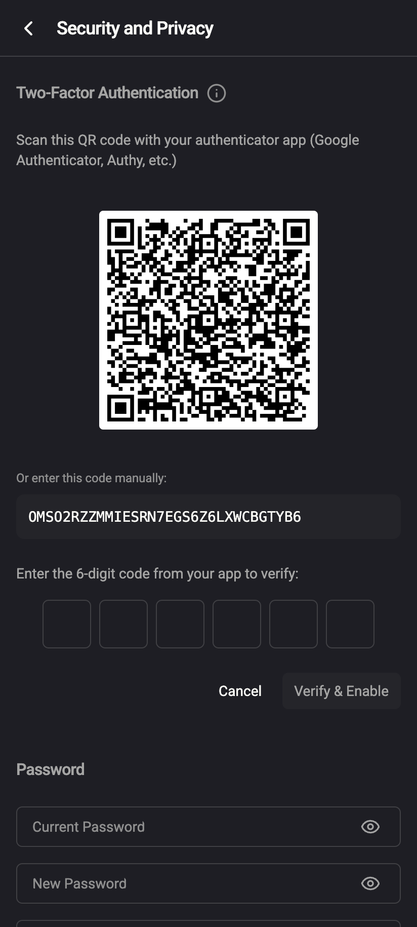 The setup screen: QR code, manual code and the six-digit verification field.