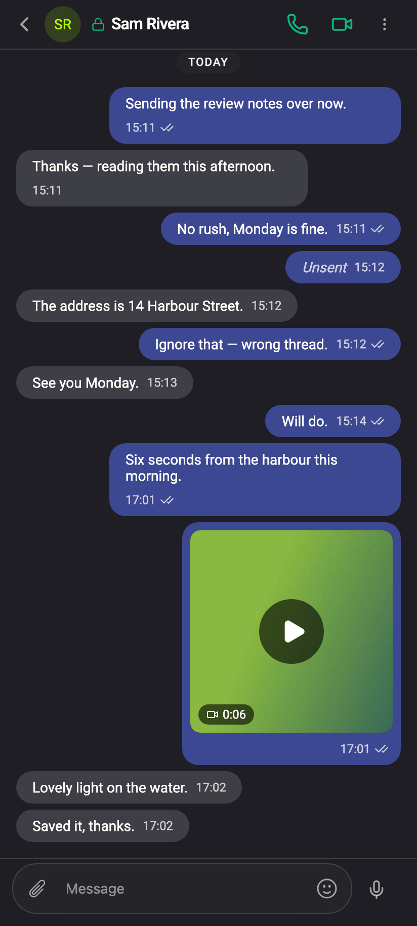 Once it is encoded it is an ordinary staged attachment; sent, it becomes a player in the transcript.