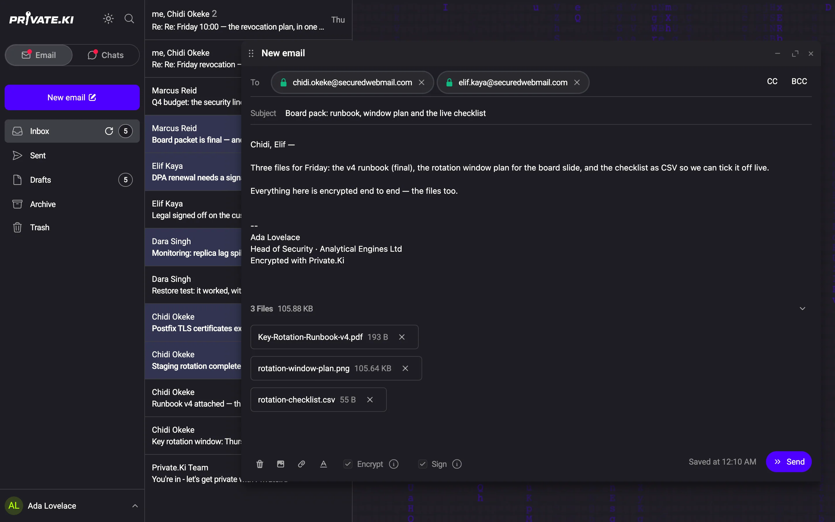 The composer with three files attached, both recipients showing padlocks, Encrypt and Sign on