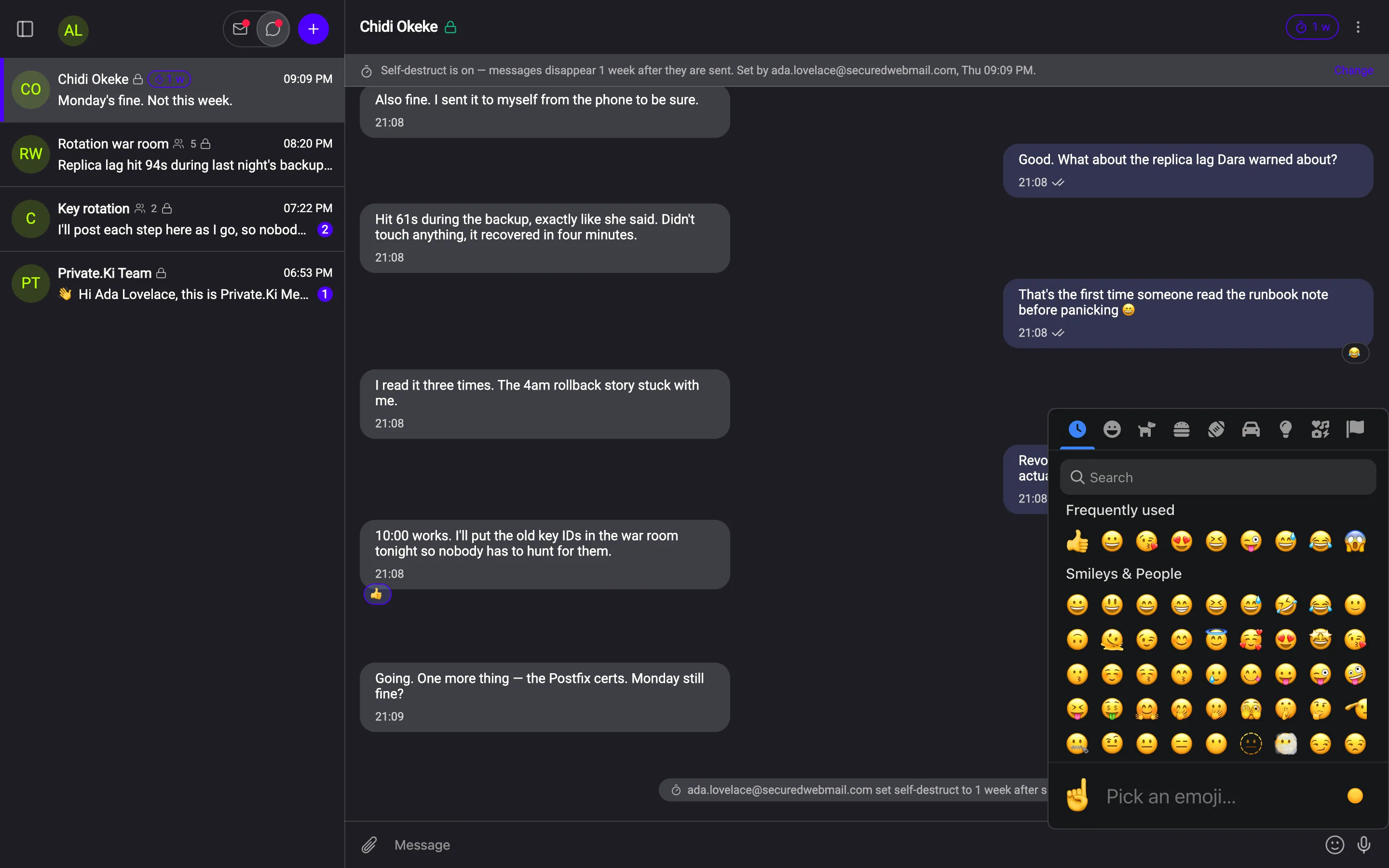 The emoji picker open over an encrypted chat