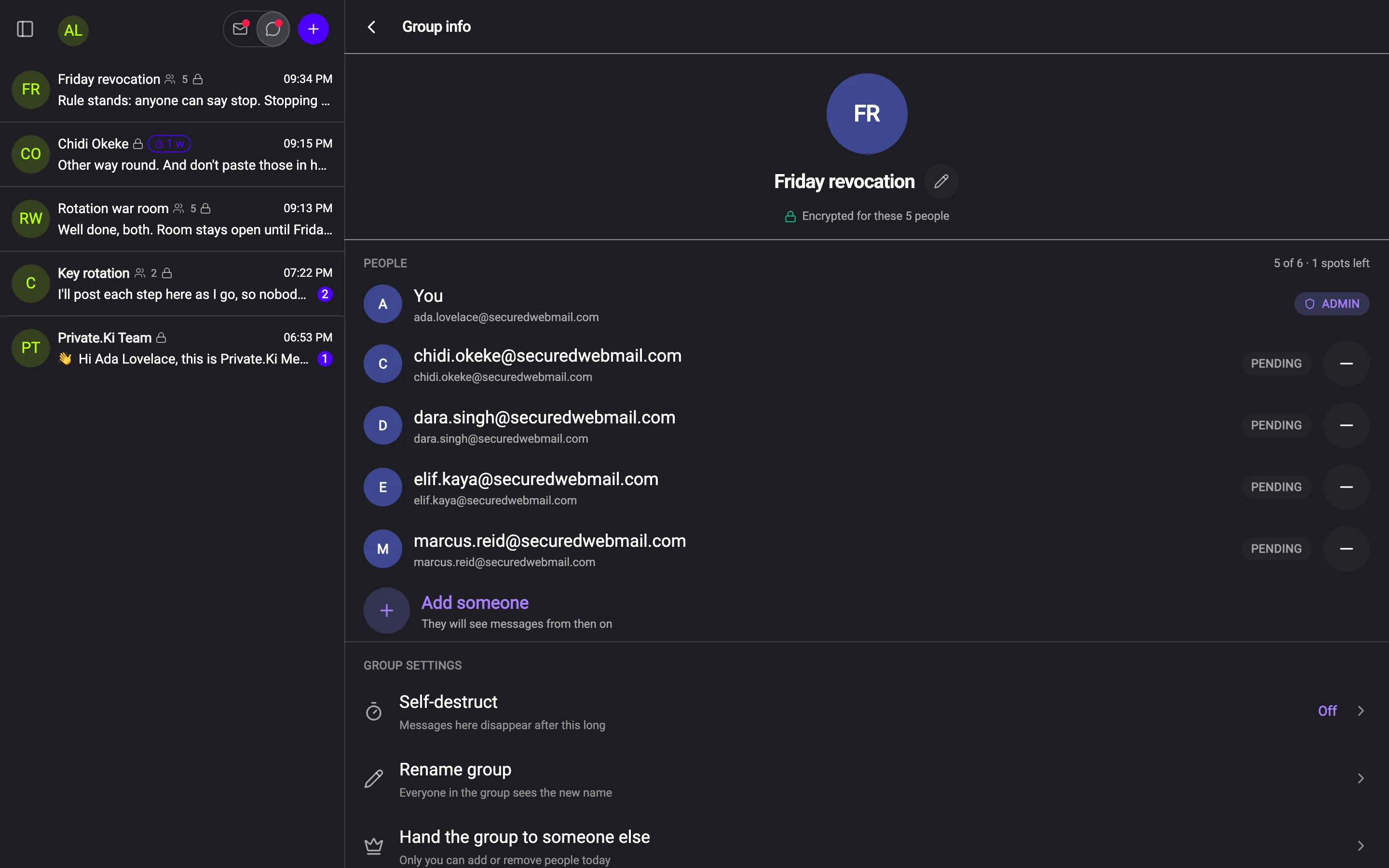 Group info: members, spots left, self-destruct and rename settings
