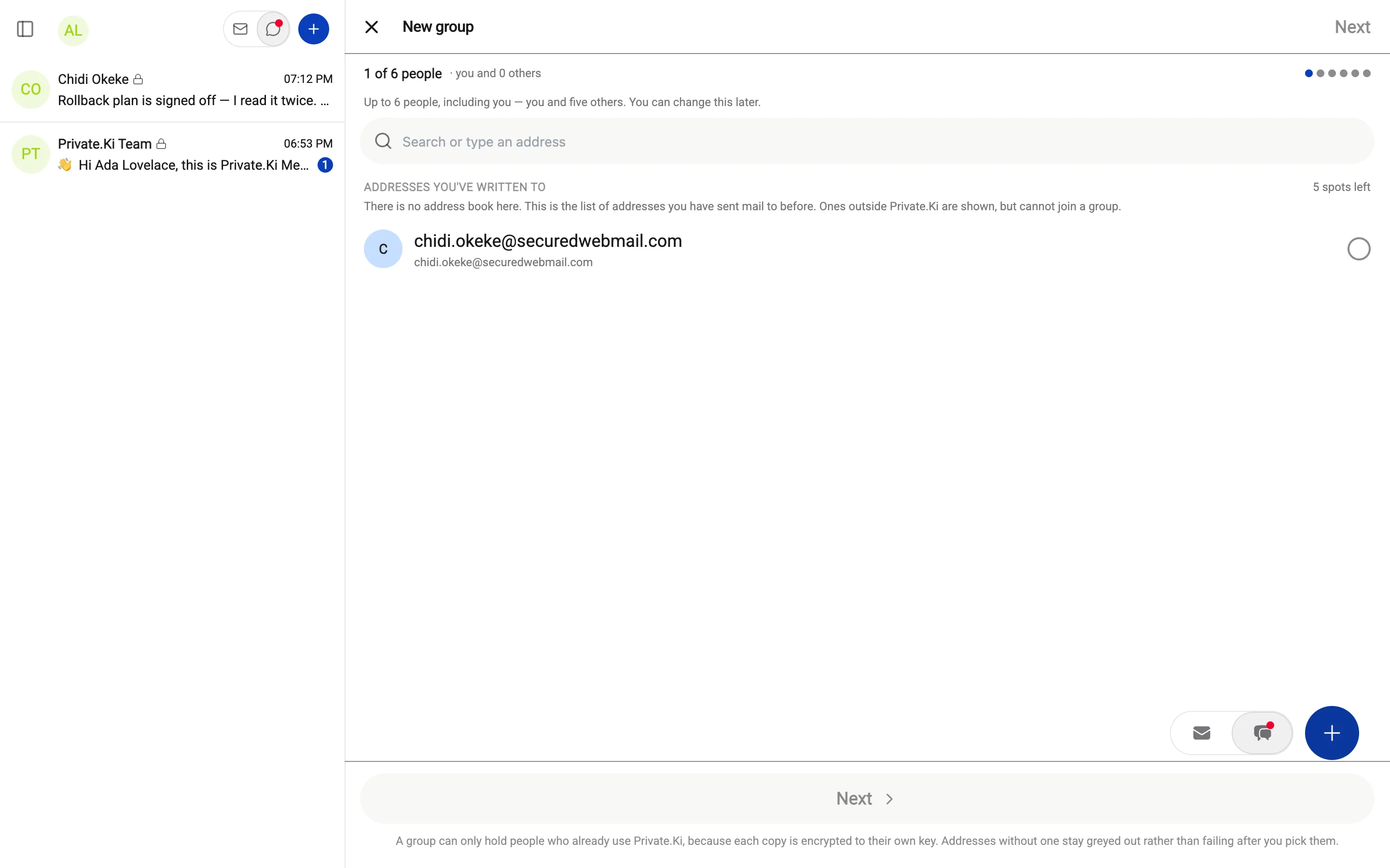 Group member picker explaining that only people with a key can be added