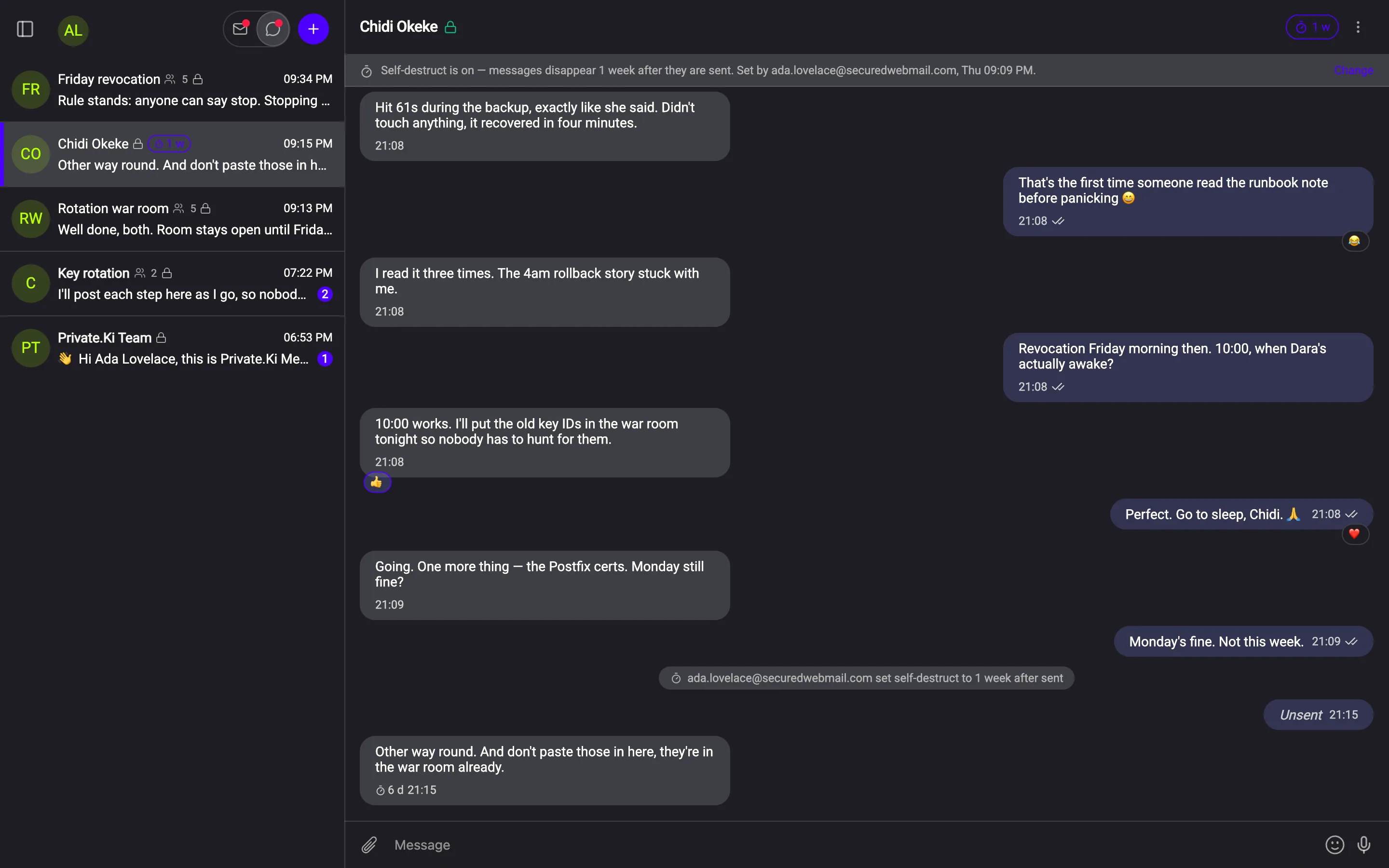 Encrypted chat with reactions, a self-destruct timer and an unsent message