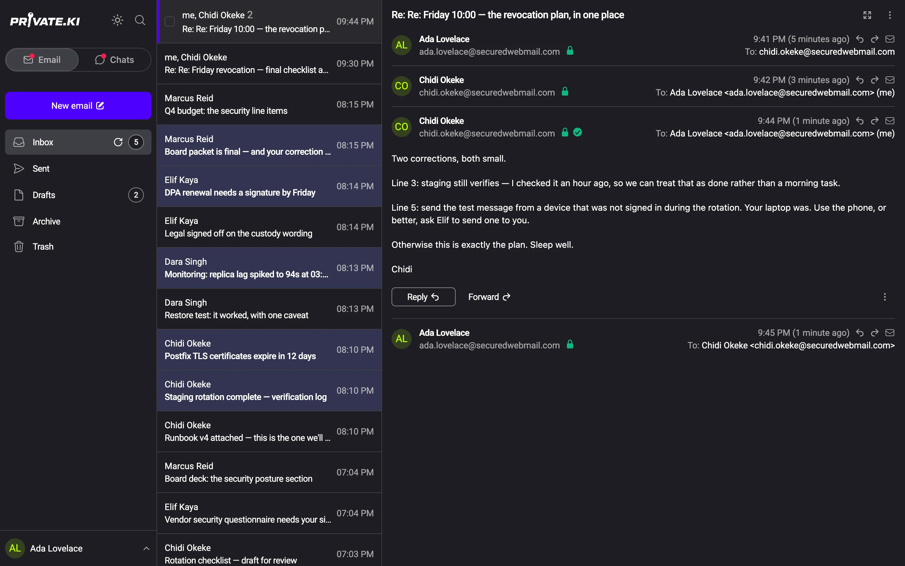 Private.Ki inbox with an encrypted thread open