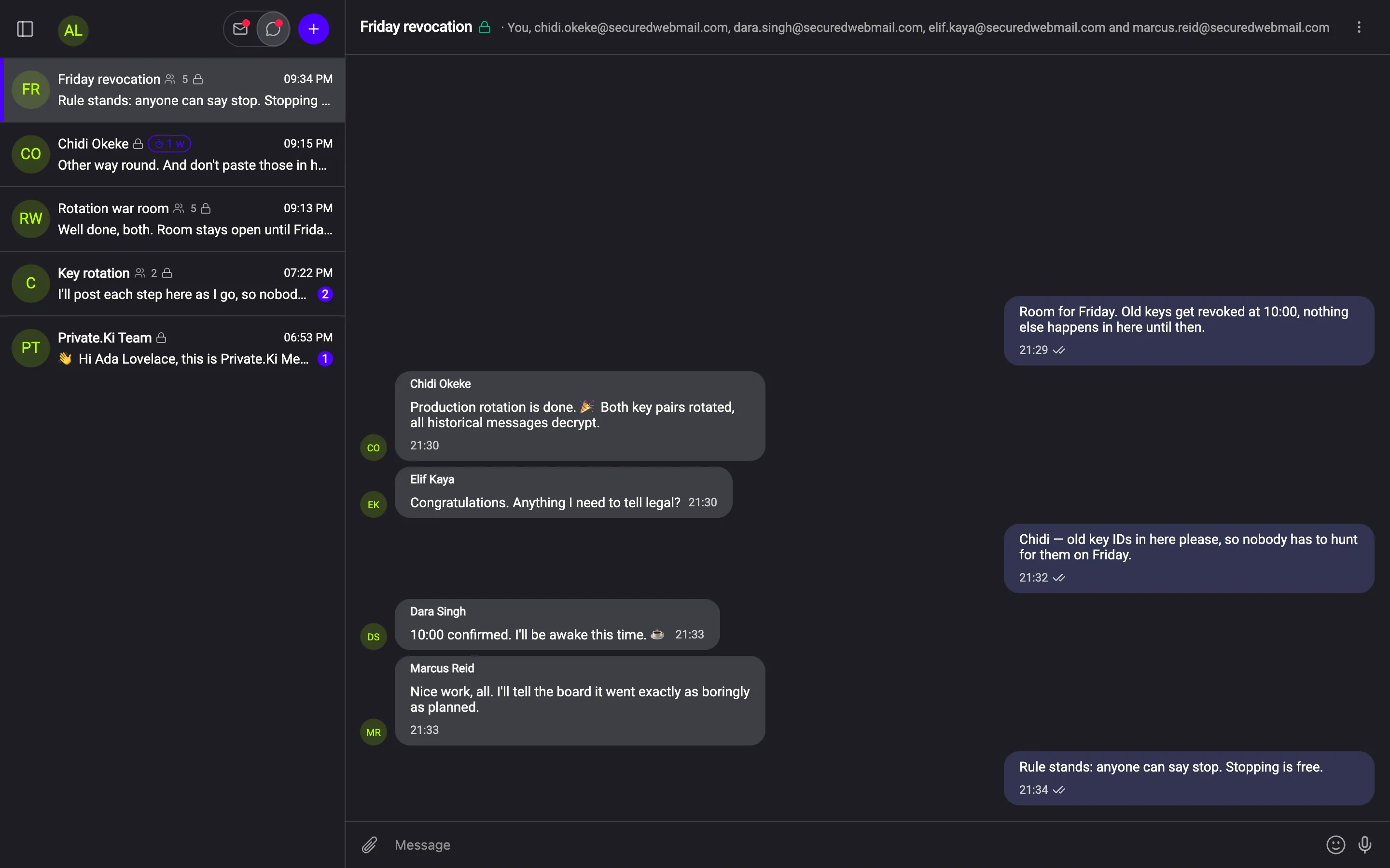 Encrypted group chat with five named members