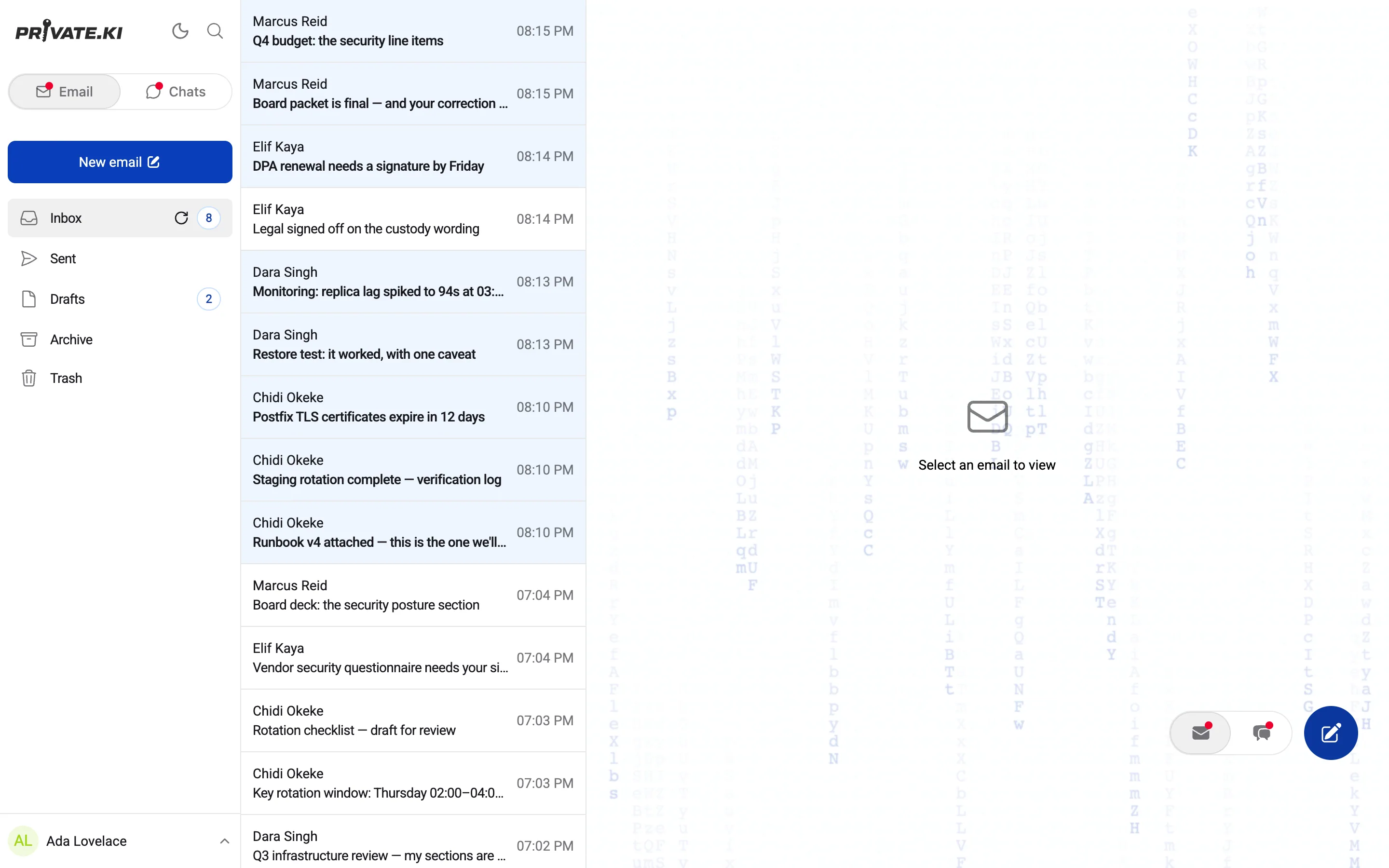 A full inbox with unread counts, starred and archived mail