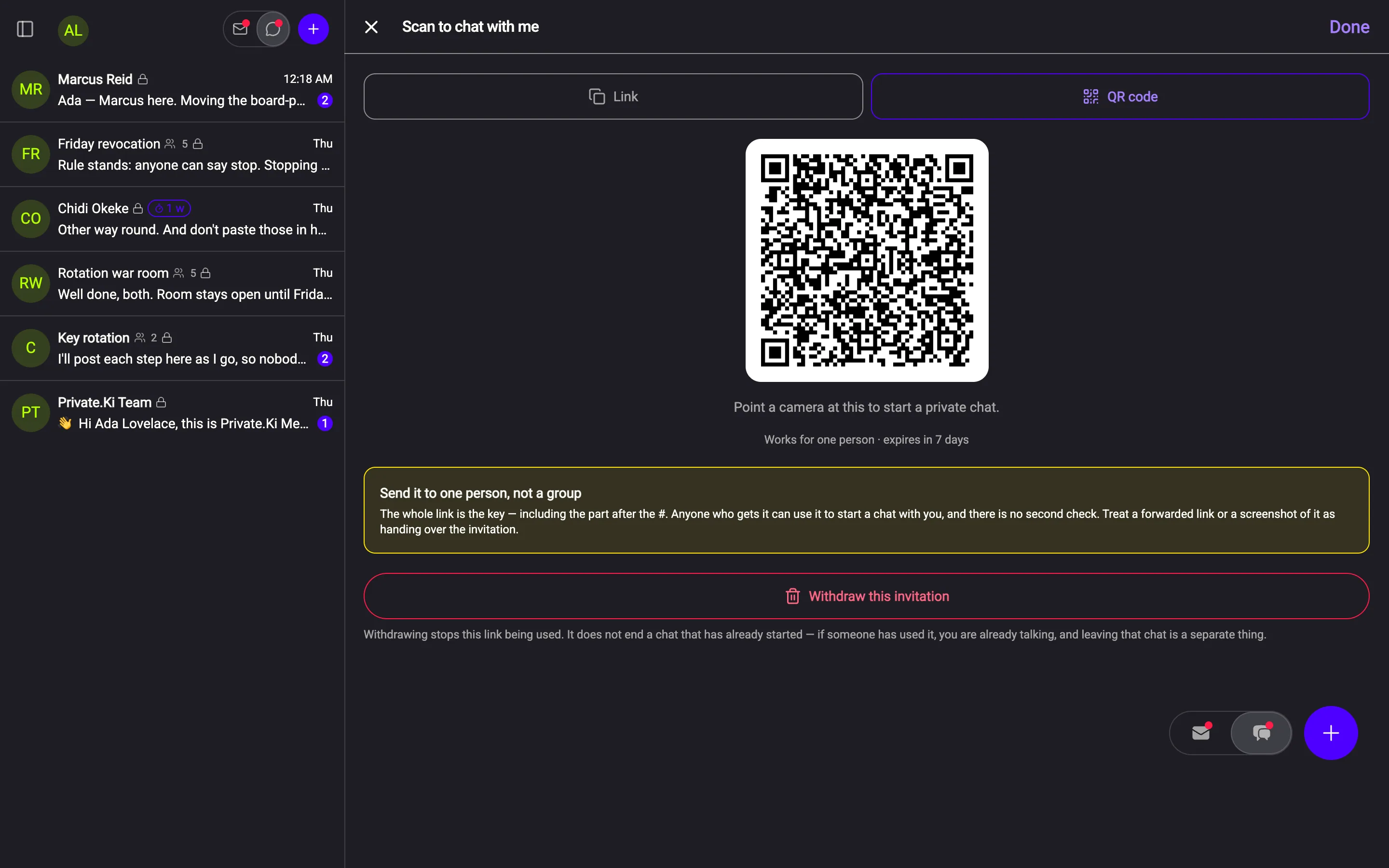 An invitation shown as a QR code: works for one person, expires in 7 days, with a Withdraw button