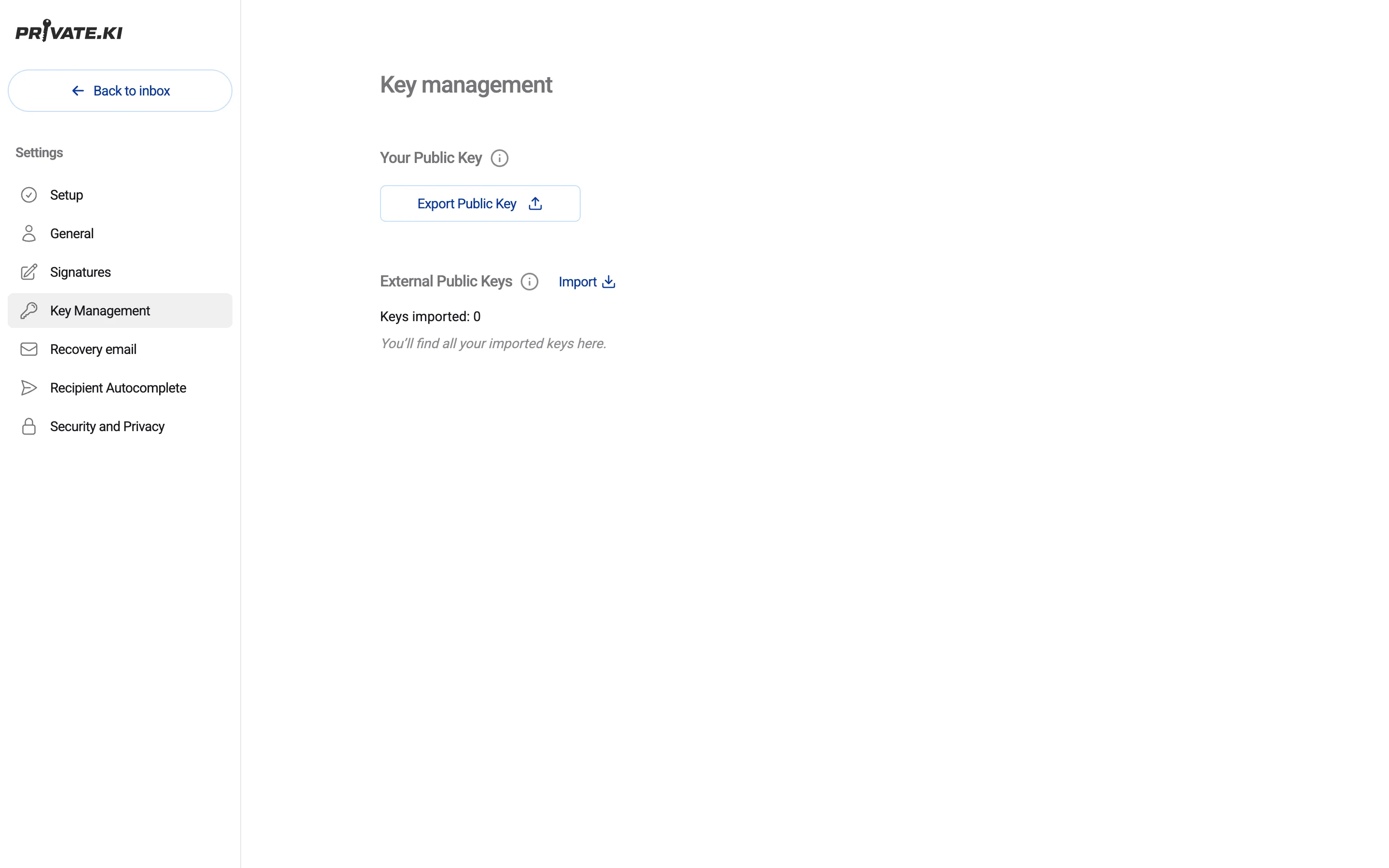 Key management: export your public key, import external keys