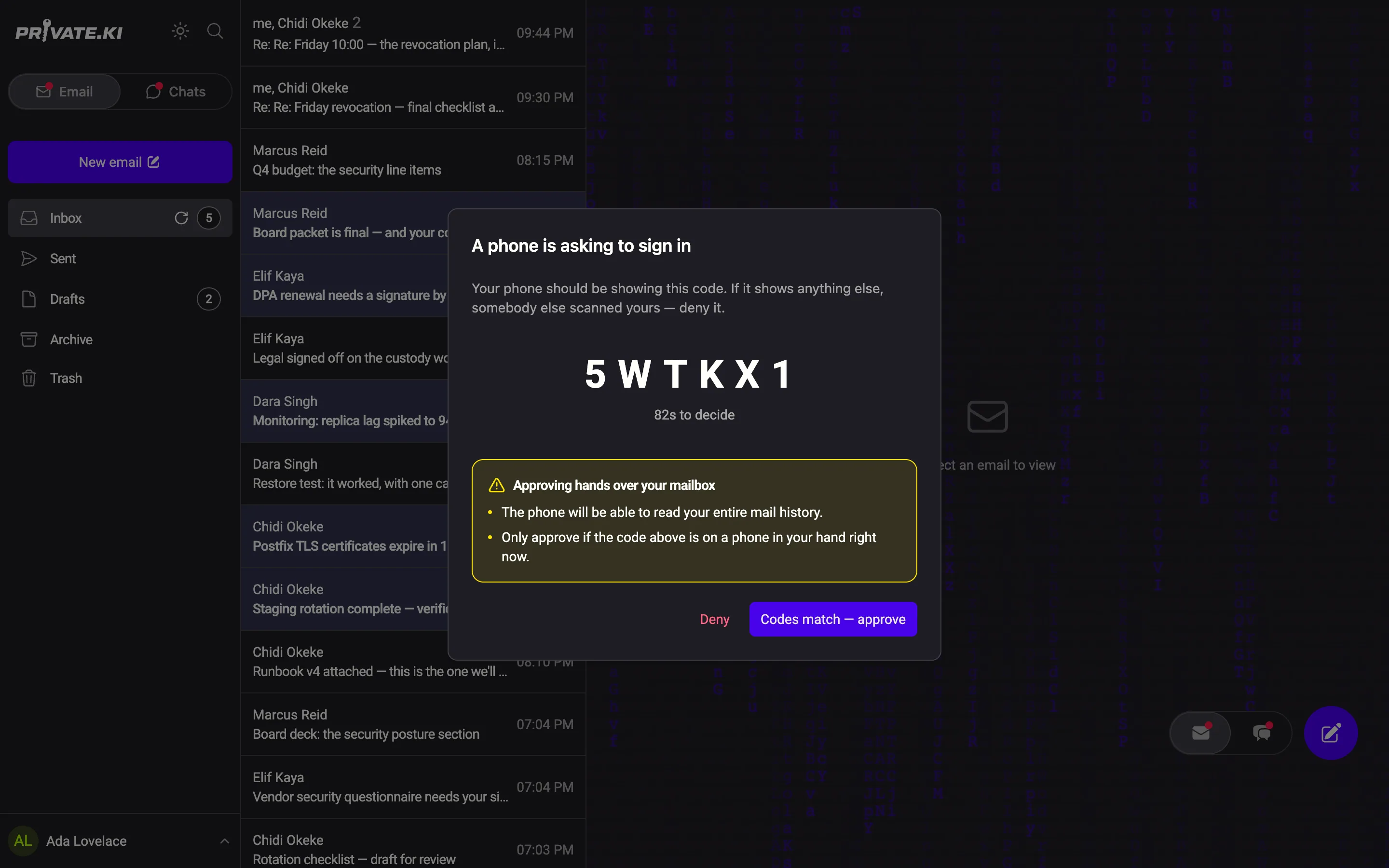 Desktop dialog: a phone is asking to sign in, showing the code 5WTKX1 with Deny and Approve buttons