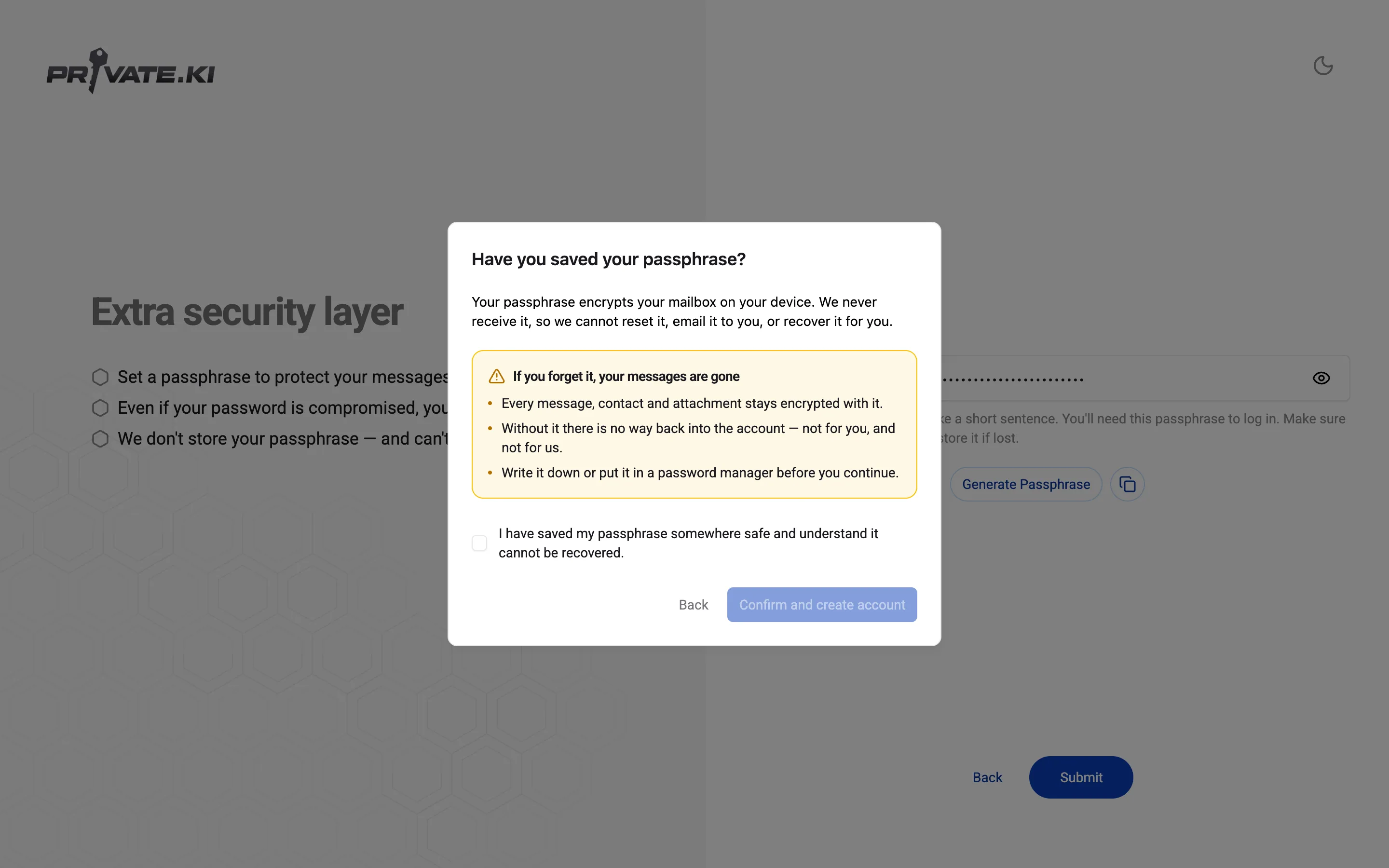Signup warning: without the passphrase the account is unrecoverable
