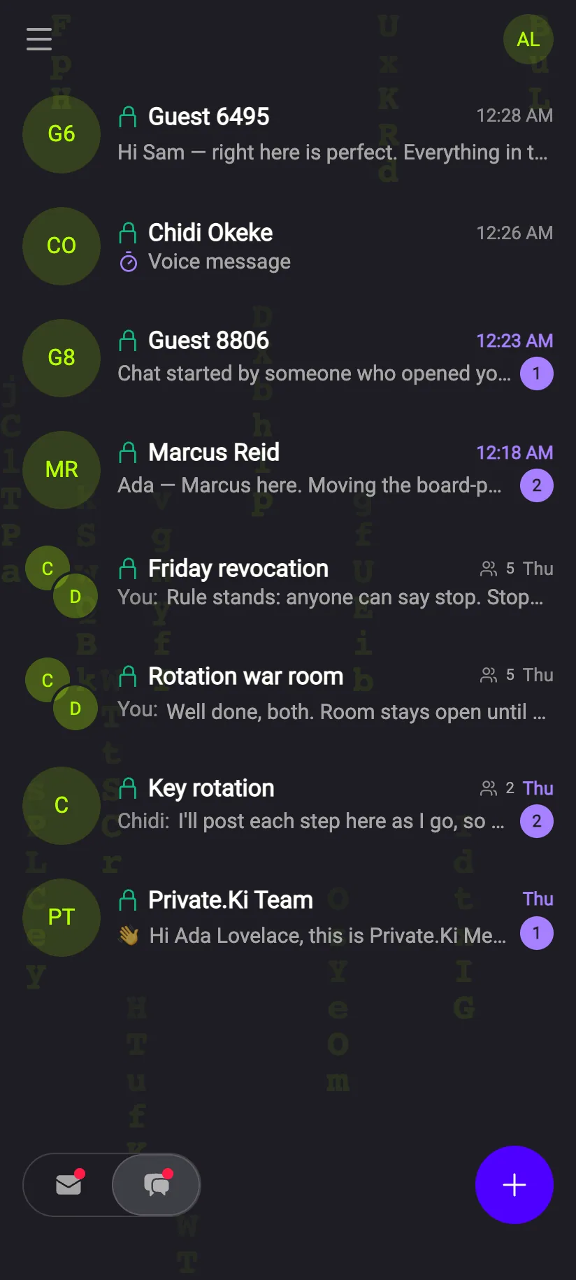 Phone: the chat list with locks and member counts