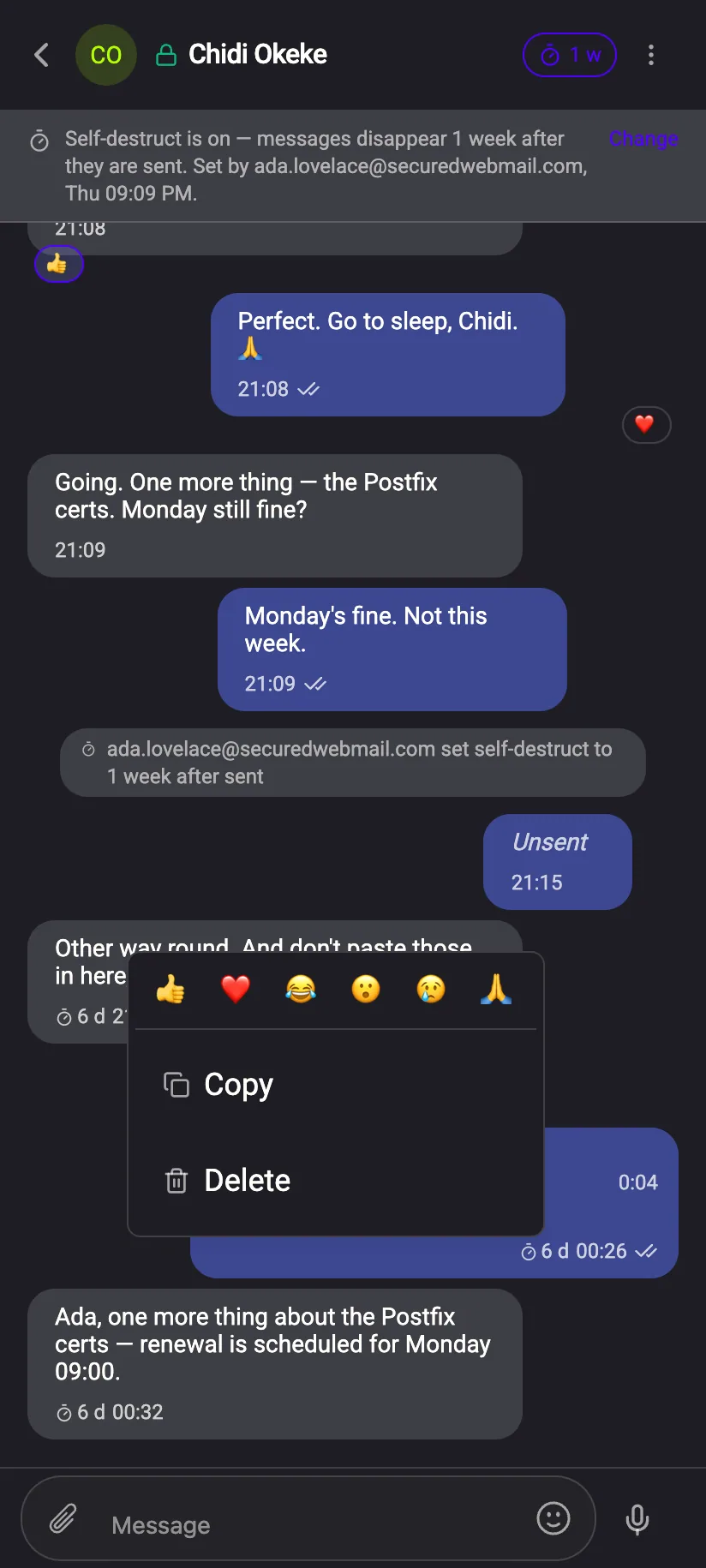 Phone: long-press menu on a message with a strip of six reactions and Unsend