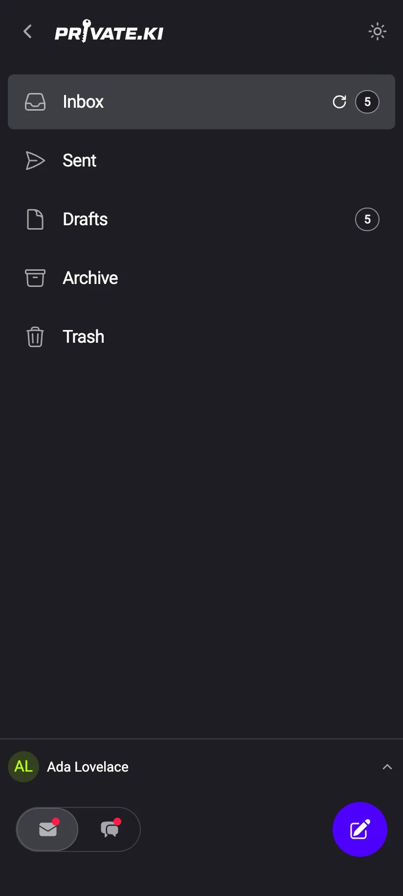 Phone navigation drawer with Inbox, Sent, Drafts, Archive and Trash