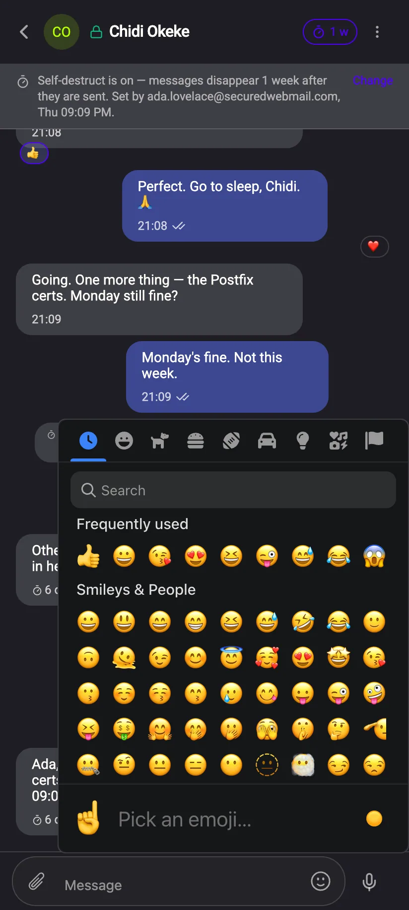 Phone: emoji picker open above the chat composer
