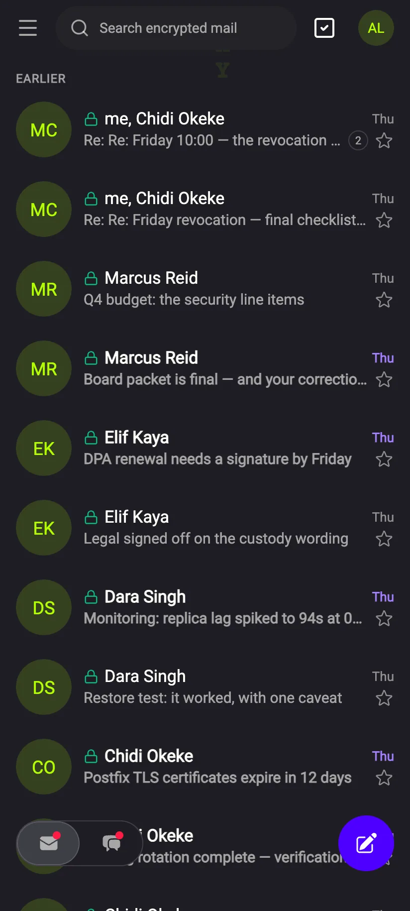 Phone inbox with unread counts and per-message locks