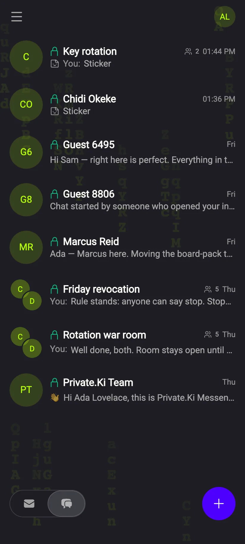 Phone: the chat list with a row whose last message reads Sticker