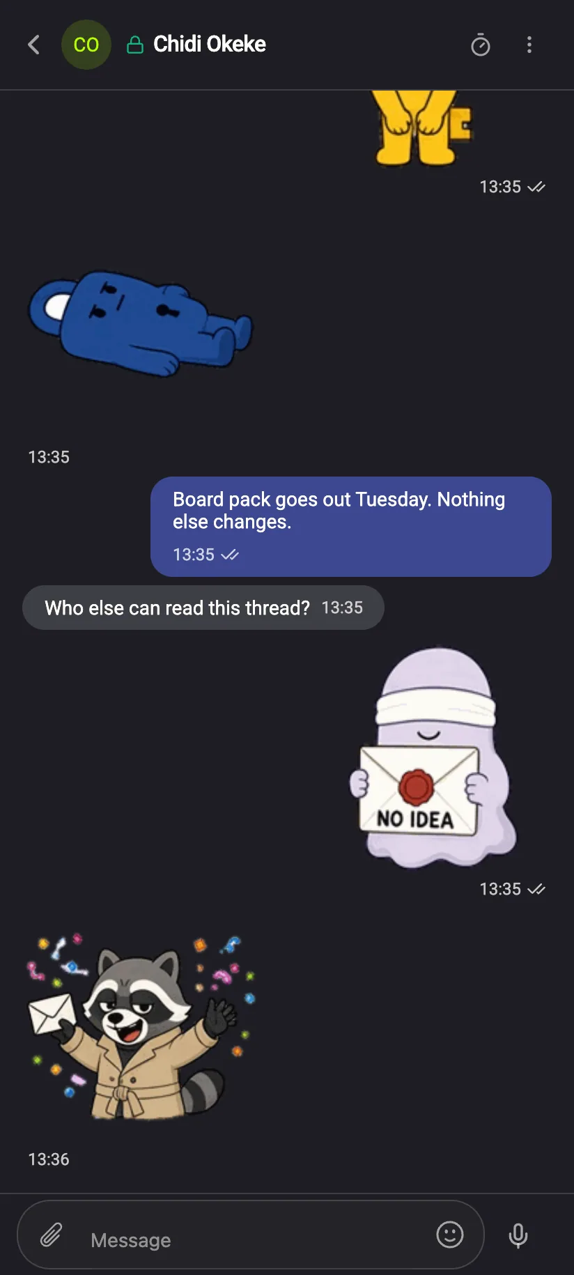 Phone: an encrypted chat with stickers from both sides and text between them