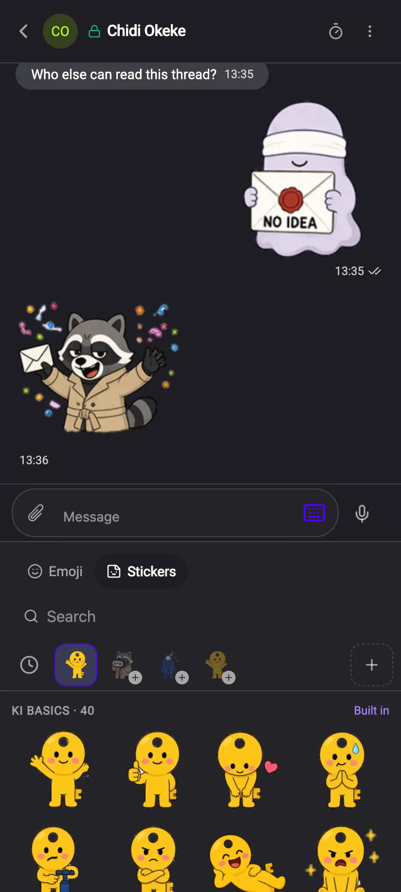 Phone: the sticker tray open below the composer, with Emoji and Stickers tabs