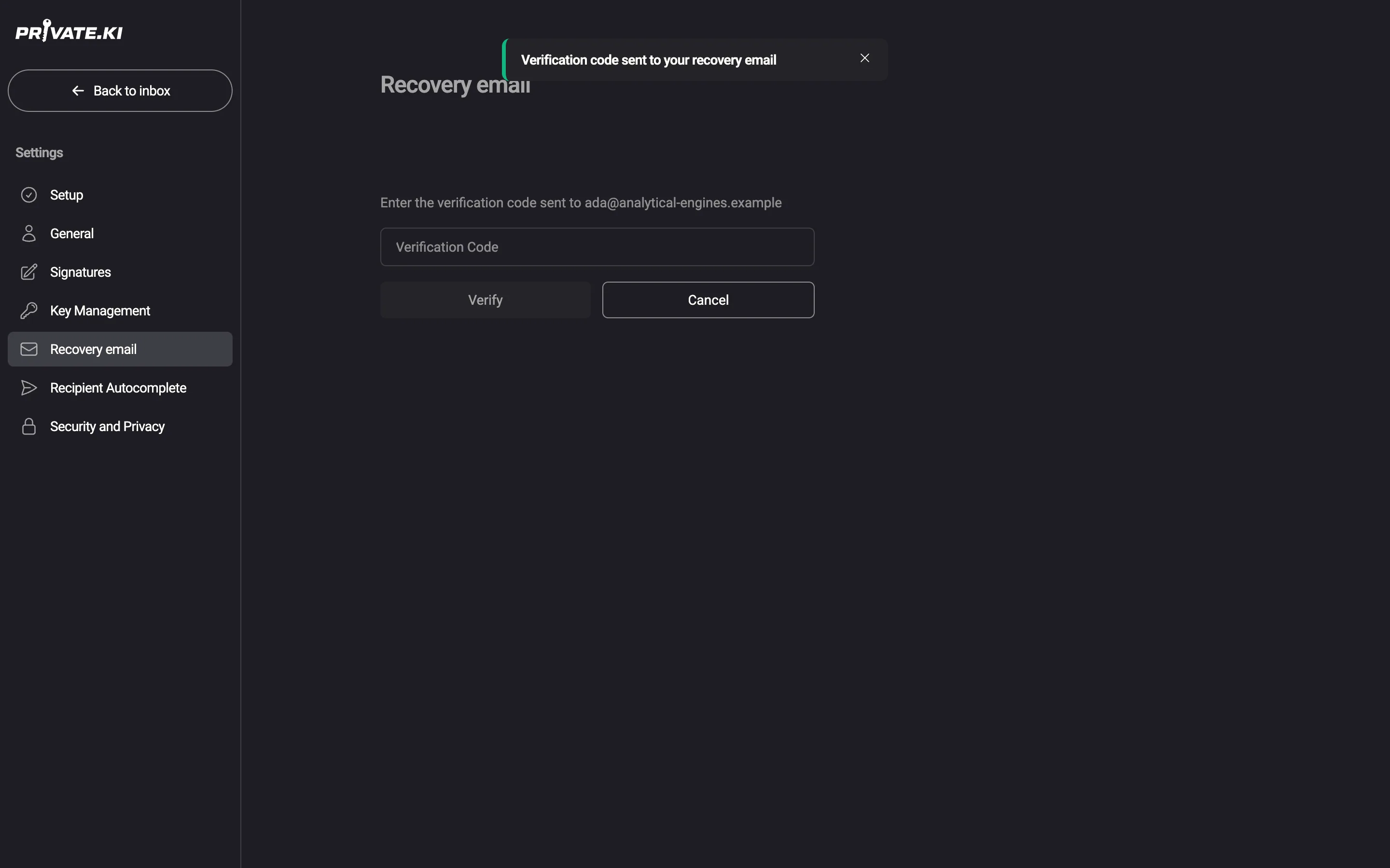 Recovery address: verified once by a six-digit code, then stored only as a hash