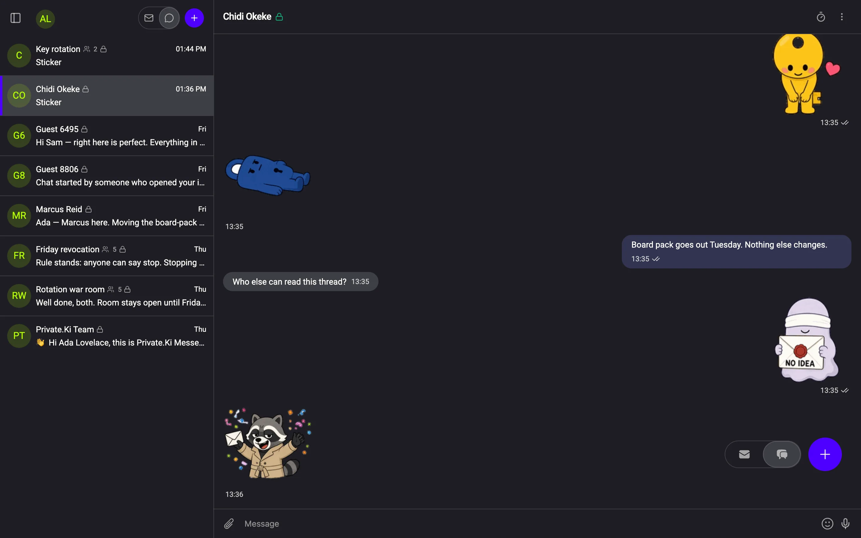 An encrypted one-to-one chat with four stickers and two text messages, sent from both sides